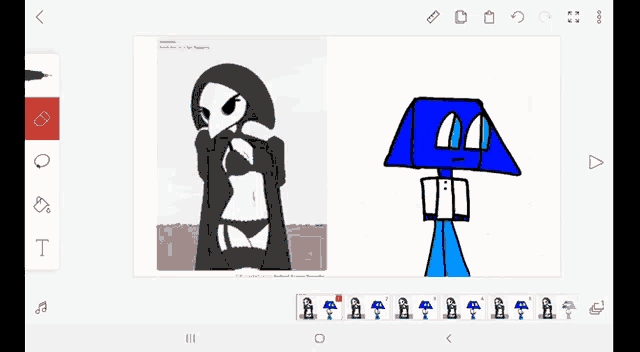 a drawing of a girl in a bikini next to a drawing of a blue robot .