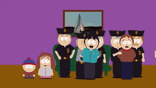 a couple of south park characters standing next to each other with a police officer in the background .
