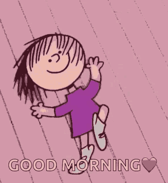 a cartoon girl in a purple dress is jumping in the air and saying `` good morning '' .