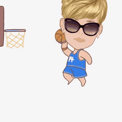 a cartoon of a girl wearing sunglasses holding a basketball in front of a basketball hoop .