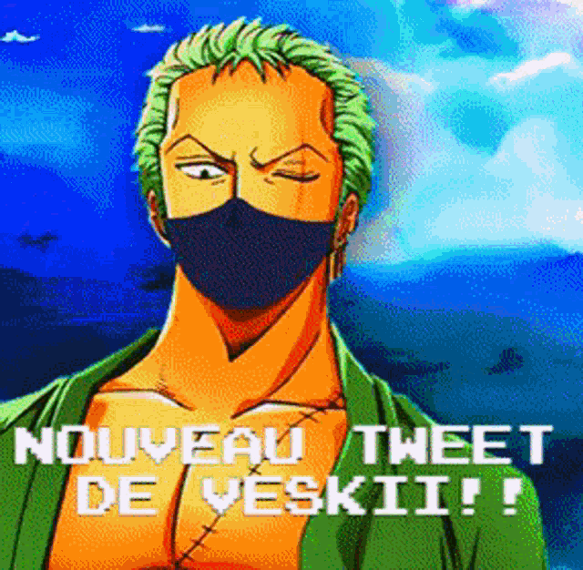 a cartoon of a man wearing a mask with the words " nouveau tweet de veskiii " on the bottom