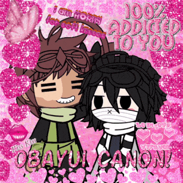 a drawing of two anime characters with the words 100 % addicted to you on the bottom