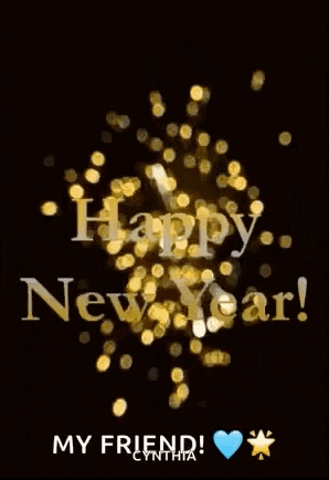 a happy new year greeting card with gold confetti on a black background