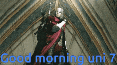 a video game character says good morning uni 7 in blue