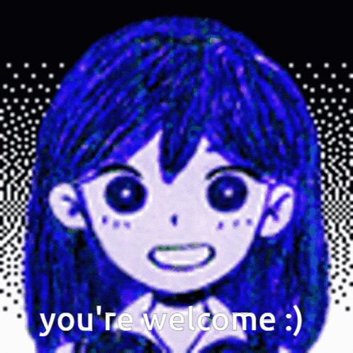 a picture of a girl with blue hair and the words you 're welcome