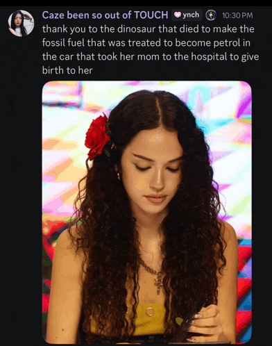 a picture of a woman with a red rose in her hair and a tweet that says " caze been so out of touch "