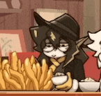 a cartoon character is sitting at a table with french fries and a bowl of sauce .
