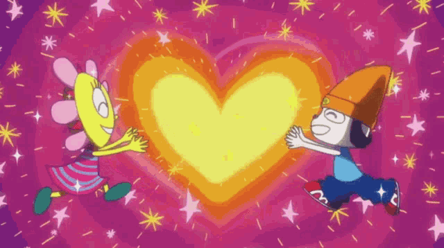 a cartoon of a boy and a girl holding hands in front of a heart