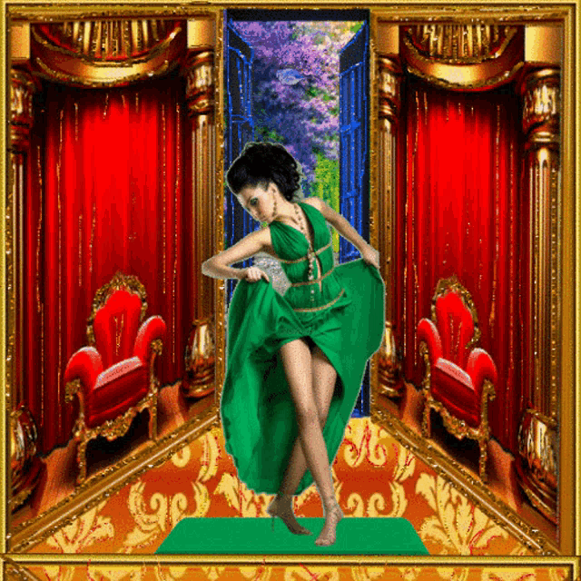 a woman in a green dress is dancing in a room with red chairs