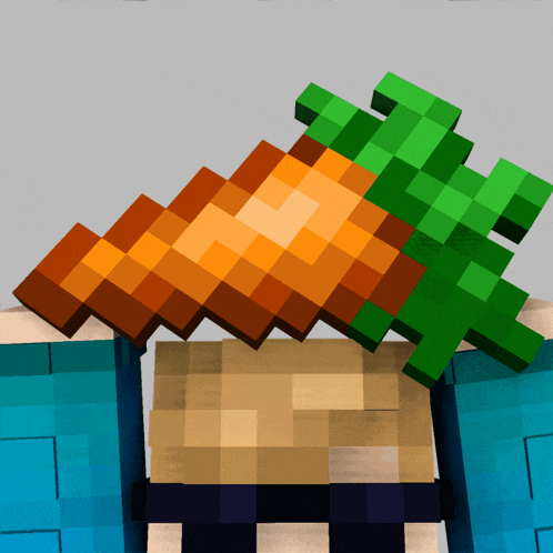 a minecraft character is holding a carrot on his head