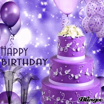 a purple birthday cake with balloons and flowers on top