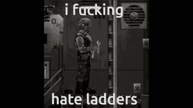 a black and white photo of a soldier holding a gun with the words `` i fucking hate ladders '' .