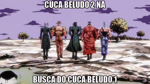 a group of people are walking in a desert with the words cuca beludo 2 na busca do cuca beludo 1