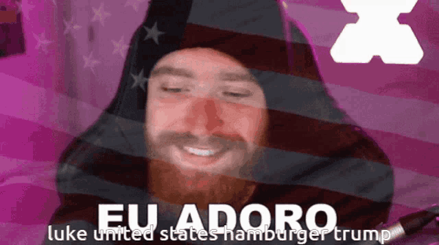 a man with a beard is smiling in front of an american flag and the words eu adore luke united states hamburger trump