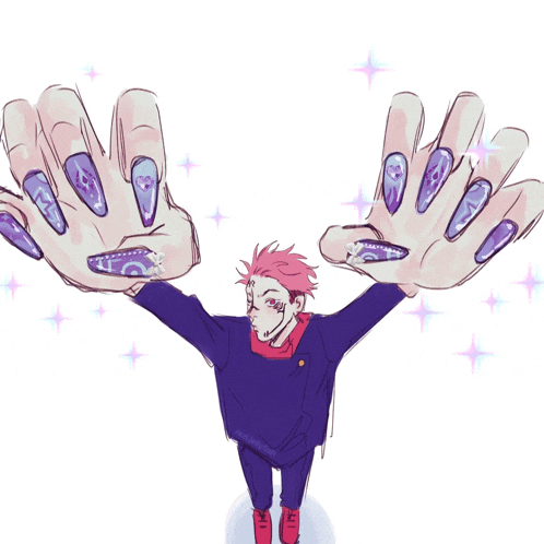 a drawing of a person 's hands with purple nails and a skull design