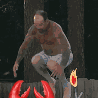 a man in shorts is jumping over a crab claw