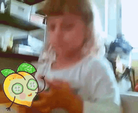 a cartoon of a woman with cucumber slices on her face