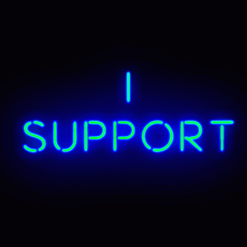 a neon sign that says i support in blue and green