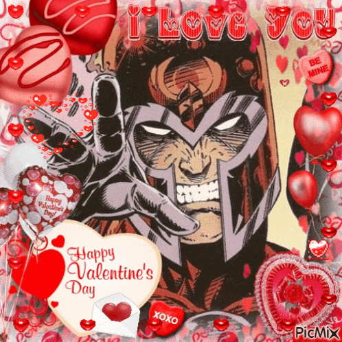 a valentine 's day greeting card with a comic book character and hearts