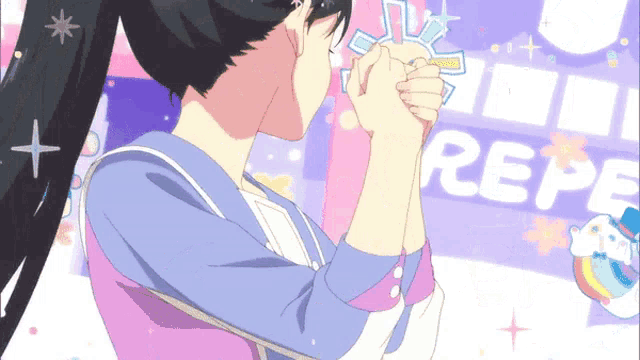 a girl in a ponytail holds something in her hands in front of a sign that says " repe "