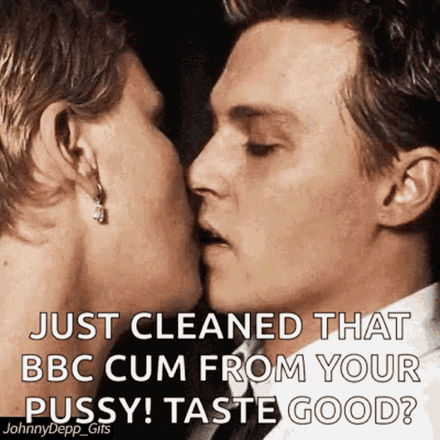 a man and a woman are kissing with a caption that says just cleaned that bbc cum from your pussy ! taste good .