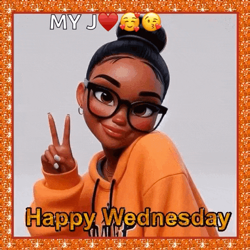 a cartoon girl with glasses is giving a peace sign and says happy wednesday .