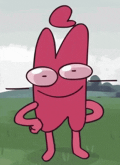 a pink cartoon character with glasses and a heart on his head is standing in a field