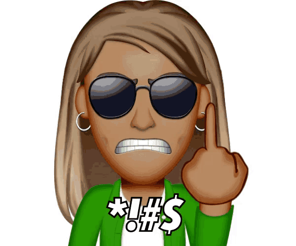 a cartoon woman wearing sunglasses and a green jacket giving the middle finger
