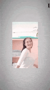 a woman in a white shirt is smiling in a collage with the letter l