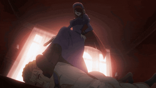 a woman in a purple dress is kneeling on a man 's back