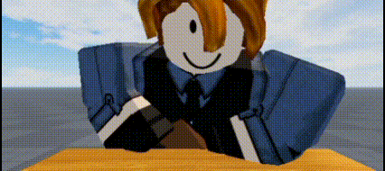 a roblox character is sitting at a table with his hands on his knees .