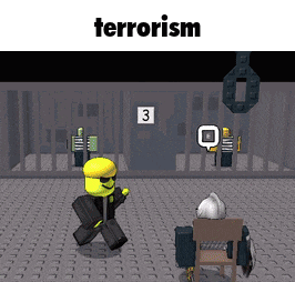 a cartoon of a man in a jail cell with the word terrorism written above him