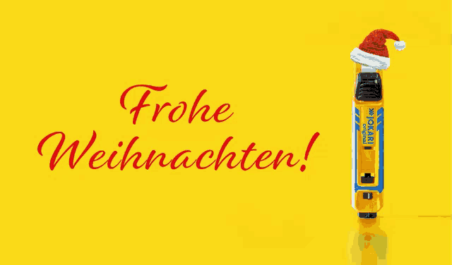 a christmas card with a santa hat on a yellow background says frohe weihnachten