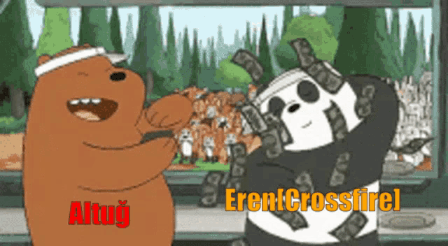 a cartoon of two bears with the words " eren crossfire " on the bottom right