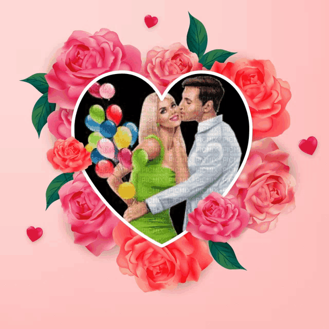 a picture of a man and woman in a heart surrounded by roses