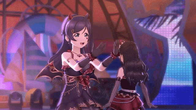 two anime girls are dancing on a stage with a whale in the background