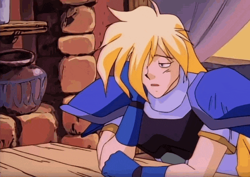 a cartoon character with blonde hair and blue armor is sitting on a wooden table