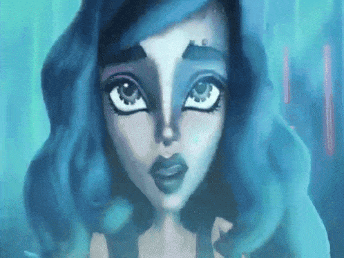 a close up of a monster high doll with blue hair and blue eyes