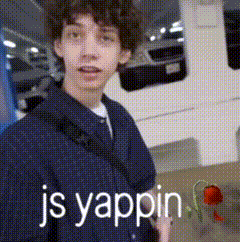a young man in a blue jacket is standing in a parking garage with the words js yappin written on the bottom .