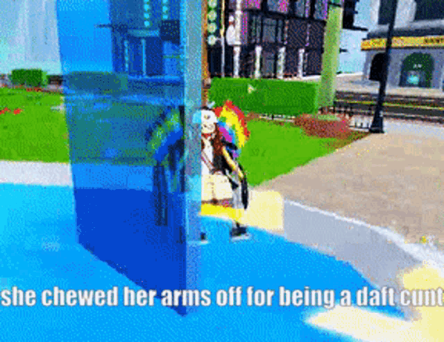 a pixelated image of a person with the caption she chewed her arms off for being a dalt cunt .