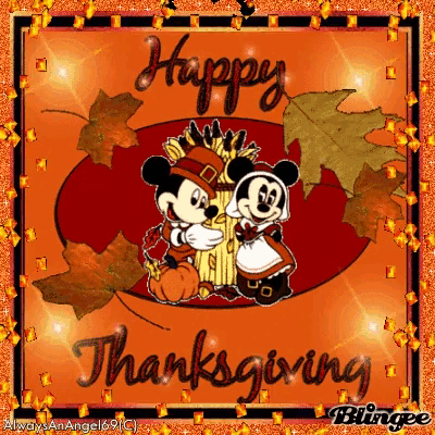 a happy thanksgiving card with mickey and minnie mouse on it