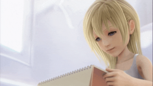 a girl with blonde hair is holding a notebook in her hands