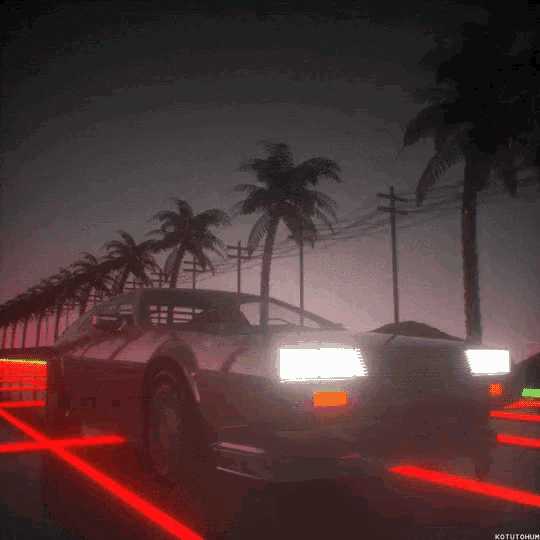 a car is parked in a parking lot with palm trees in the background