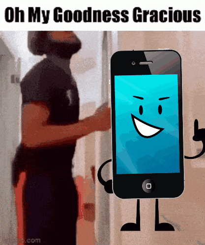 a man is standing next to a cell phone with a face and arms