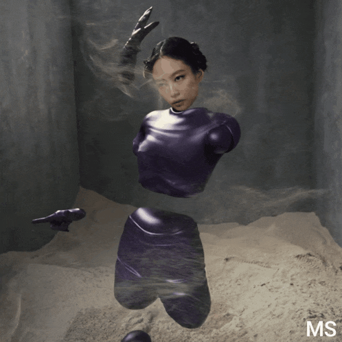 a woman in a purple latex suit is floating in the air with the letters ms on the bottom