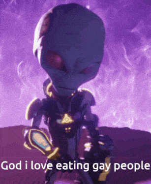 a video game character with the words god i love eating gay people on the bottom