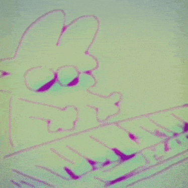 a drawing of a rabbit playing a keyboard on a green and purple background .