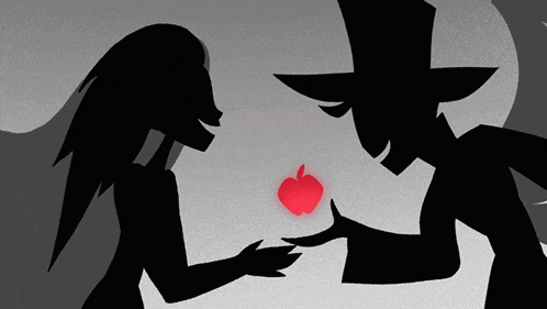 a silhouette of a man and a woman with a red apple