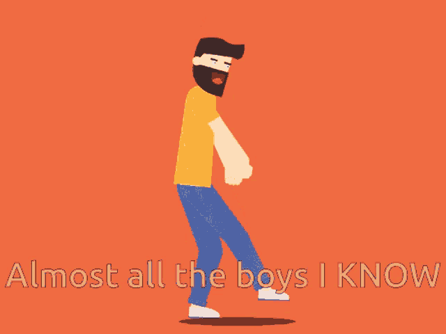 a man with a beard is dancing with the words " almost all the boys i know " behind him