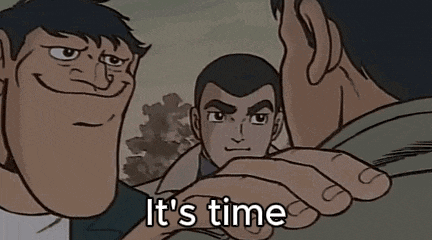 a cartoon of a man holding another man 's hand with the words `` it 's time '' written on it .